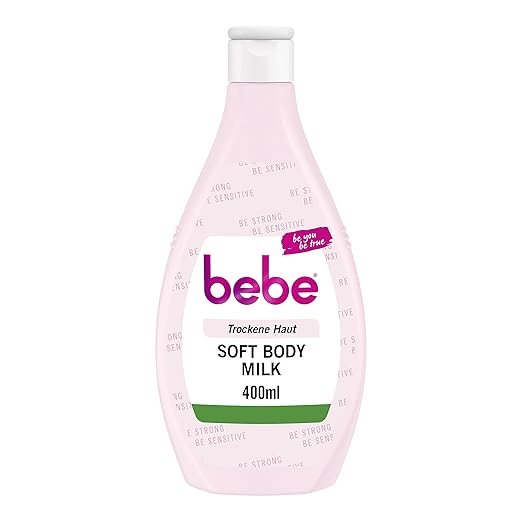 bebe Soft Body Milk 400 ml, Fast Absorbing Body Lotion with Jojoba Oil and Panthenol for Dry Skin, Gently Fragrances, Moisturises 24 Hours