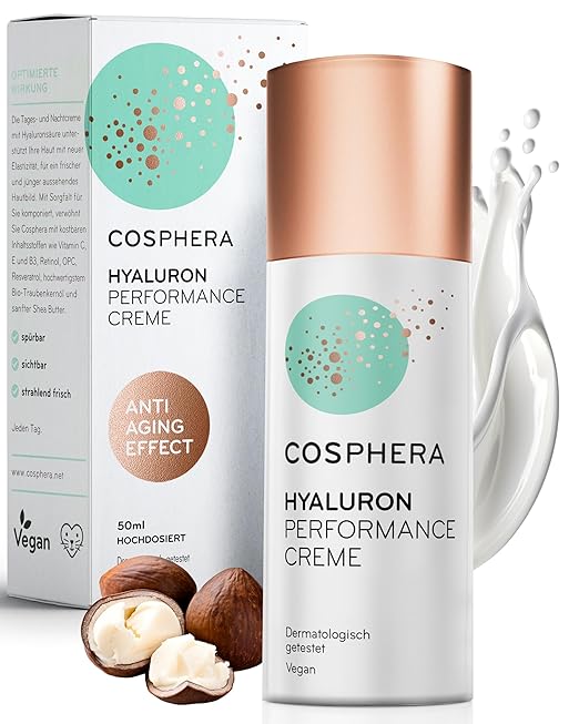 Cosphera Hyaluron performance cream 50 ml – vegan day and night cream, high dosage for face, neck, cleavage, eyes – anti-wrinkle moisture treatment for men and women