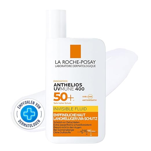 La Roche Posay Sun Fluid for the Face for Sun Allergy Prone and Sensitive Skin with Innovative UV Filter Mexoryl 400 SPF 50+, Anthelios Invisible Fluid UVMune 400, 50 ml
