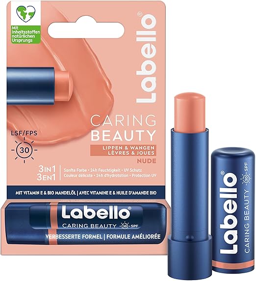 Labello Caring Beauty Nude Lip Balm with Colour and Sun Protection, Coloured Lip Care with SPF 30, Vitamin E & Organic Almond Oil, Lip Balm for Lips & Cheeks (4.8 g)