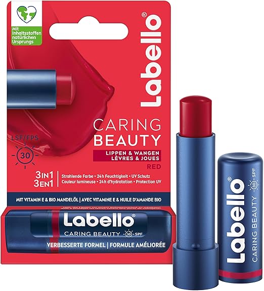 Labello Caring Beauty Red Lip Balm Stick with Colour and Sun Protection, Coloured Lip Care with SPF 30, Vitamin E & Organic Almond Oil, Lip Balm for Lips & Cheeks (4.8 g)