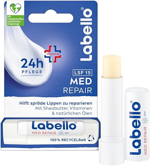 Labello Med Repair Lip Balm, Mineral Oil-Free Lip Care with SPF 15 and Vitamin E for Brittle Lips, Lip Balm with Shea Butter and Natural Oils (4.8 g)