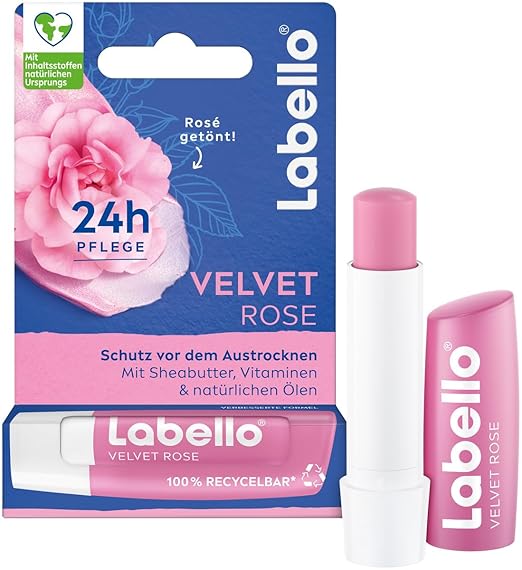 Labello Velvet Rose Lip Balm, Lip Care with Subtle Rose Fragrance for 24 Hours of Moisture, Nourishing Lip Balm with Shea Butter and Jojoba Oil (4.8 g)