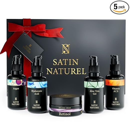 Luxurious Anti-Ageing Organic Gift Set 5 x 30 ml - Hyaluronic Acid Serum + Hyaluronic Cream + Aloe Vera Gel + Vitamin ACE Serum + Argan Oil - Ideal Gift for Women on Mother's Day - Made in Germany