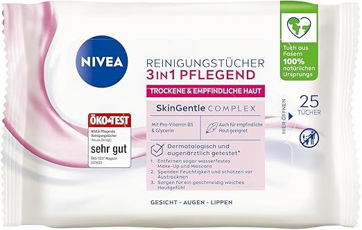 NIVEA Cleansing Wipes 3-in-1 Nourishing, Make-Up Wipes with Glycerine and Almond Oil for Waterproof Make-Up, Gentle Face Cleansing for Dry & Sensitive Skin (Pack of 25)