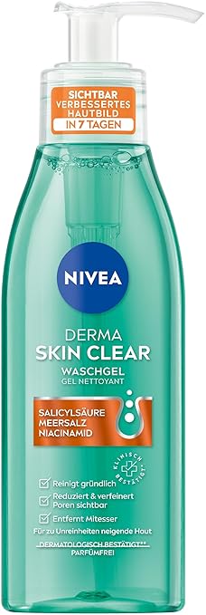 NIVEA Derma Skin Clear Wash Gel, Cleanser for a Visibly Improved Skin, Effective Facial Cleansing for Blemished Skin with Salicylic Acid & Niacinamide (150 ml)
