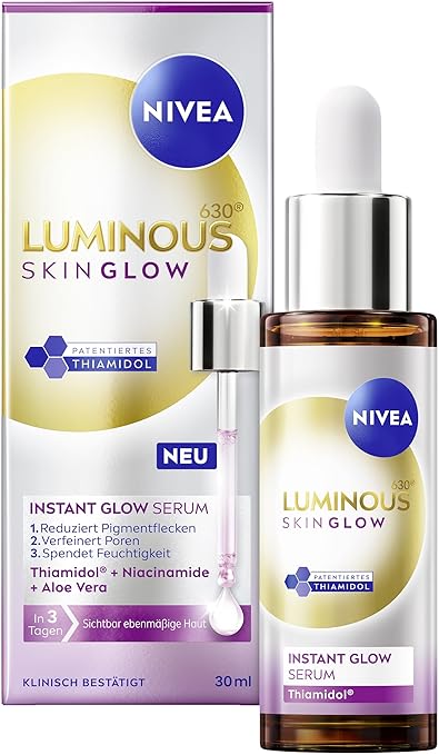 NIVEA LUMINOUS630 Skin Glow Instant Glow Serum, Highly Effective, Lightweight Face Serum for Radiant and Even Skin, Face Care with Thiamidol, Niacinamide & Aloe Vera (30 ml)