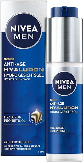 NIVEA MEN Anti-Age Hyaluron Hydro Gesichtsgel, erfrischende Gesichtspflege mit Hyaluron und Pro-Retinol, schnell einziehendes Gel für 24h intensive Feuchtigkeit und sichtbare Faltenmilderung (50 ml)
