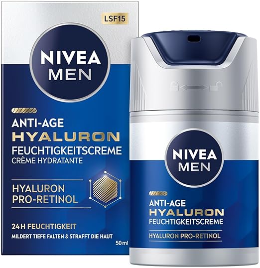 NIVEA MEN Anti-Age Hyaluronic Moisturising Cream, Face Care for Men with Hyaluron, Pro-Retinol and SPF 15, Face Cream for 24-Hour Moisture and Visible Wrinkle Relief (50 ml)