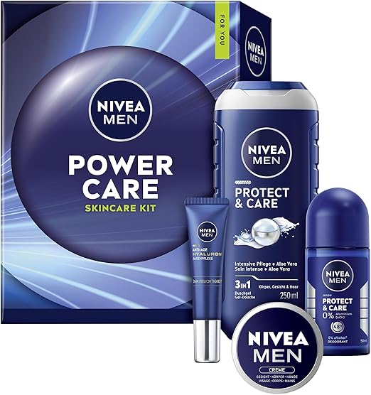 NIVEA MEN Power Care Gift Set, Gift for Men, Gift Box with Shower Gel (250 ml), Roll-on Deodorant (50 ml), Face Care (30 ml) and Eye Care (15 ml)