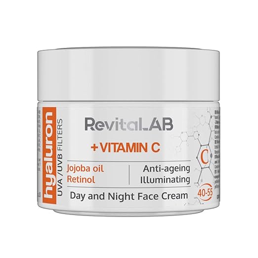 RevitaLAB Hyaluronic Anti-Ageing Day and Night Cream Enriched with Vitamins C, Jojoba Oil and UV Filters, for Ages Between 40 and 55, 50 ml