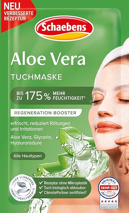 Schaebens Aloe Vera Cloth Mask - Refreshes, Reduces Redness and Irritation with Aloe Vera, Glycerin and Hyaluronic Acid for All Skin Types