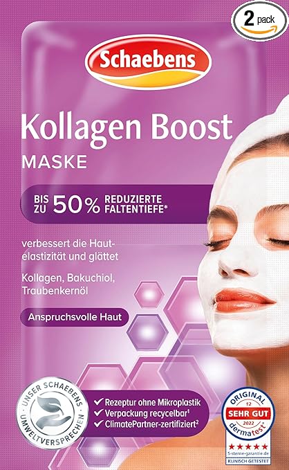 Schaebens Collagen Boost Mask - Intensive Care for Smoother and Younger Looking Skin with Collagen, Bakuchiol and Grape Seed Oil for Demanding Skin, 2 Applications