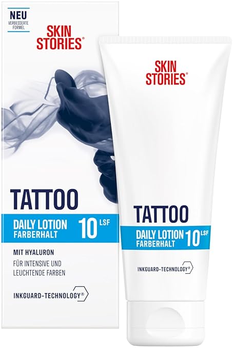 SKIN STORIES Daily Lotion (100 ml), Moisturising Tattoo Cream with InkGuard Technology and Hyaluron, Daily Tattoo Care with SPF 10 for Intense Colours and Colour Retention