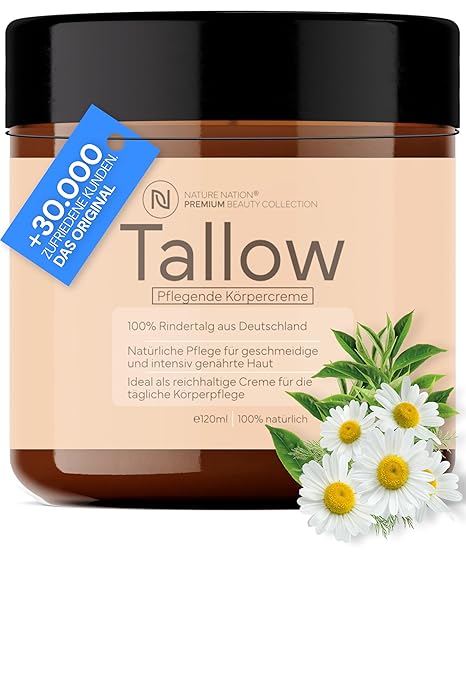 Tallow Beef Tallow Cream - German Cattle from Free & Species-Appropriate Pasture - 100% Natural Skin Care - Original Balm Pur, Skincare with Vitamin E & No Chemicals (120 ml, Natural)