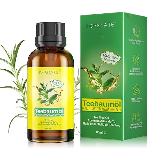 Tea Tree Oil 100% Pure and Natural 60 ml Tea Tree Oil Anti Pimples, Acne, Warts and Other Skin Problems, Vegan Tea Tree Essential Oil for Blemished Skin, Face, Scalp and Hair