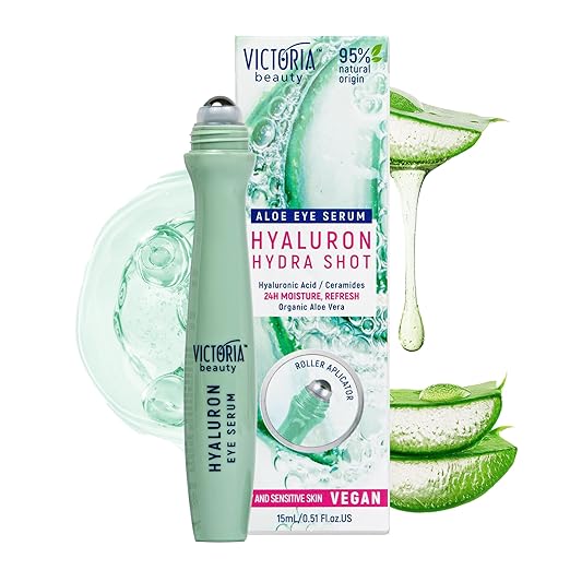 Victoria Beauty Hyaluronic Eye Serum, Cooling Eye Roll-On, Eye Roller with Hyaluronic Acid, Ceramides, Organic Aloe Vera and Niacinamide Against Wrinkles and Dark Circles, Anti-Ageing Eye Care, 15 ml